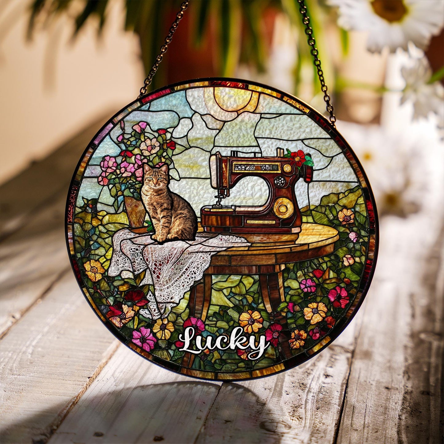 Custom Pet Photo Glass Suncatcher, Personalized Name Decor, Cat Portrait Gift, Vintage Sewing Sun Catcher, Unique Pet Memorial Art - product image 5