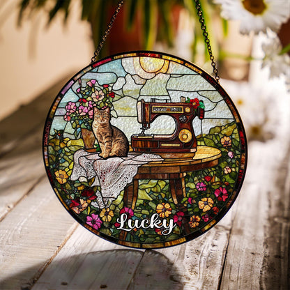 Custom Pet Photo Glass Suncatcher, Personalized Name Decor, Cat Portrait Gift, Vintage Sewing Sun Catcher, Unique Pet Memorial Art - product image 5
