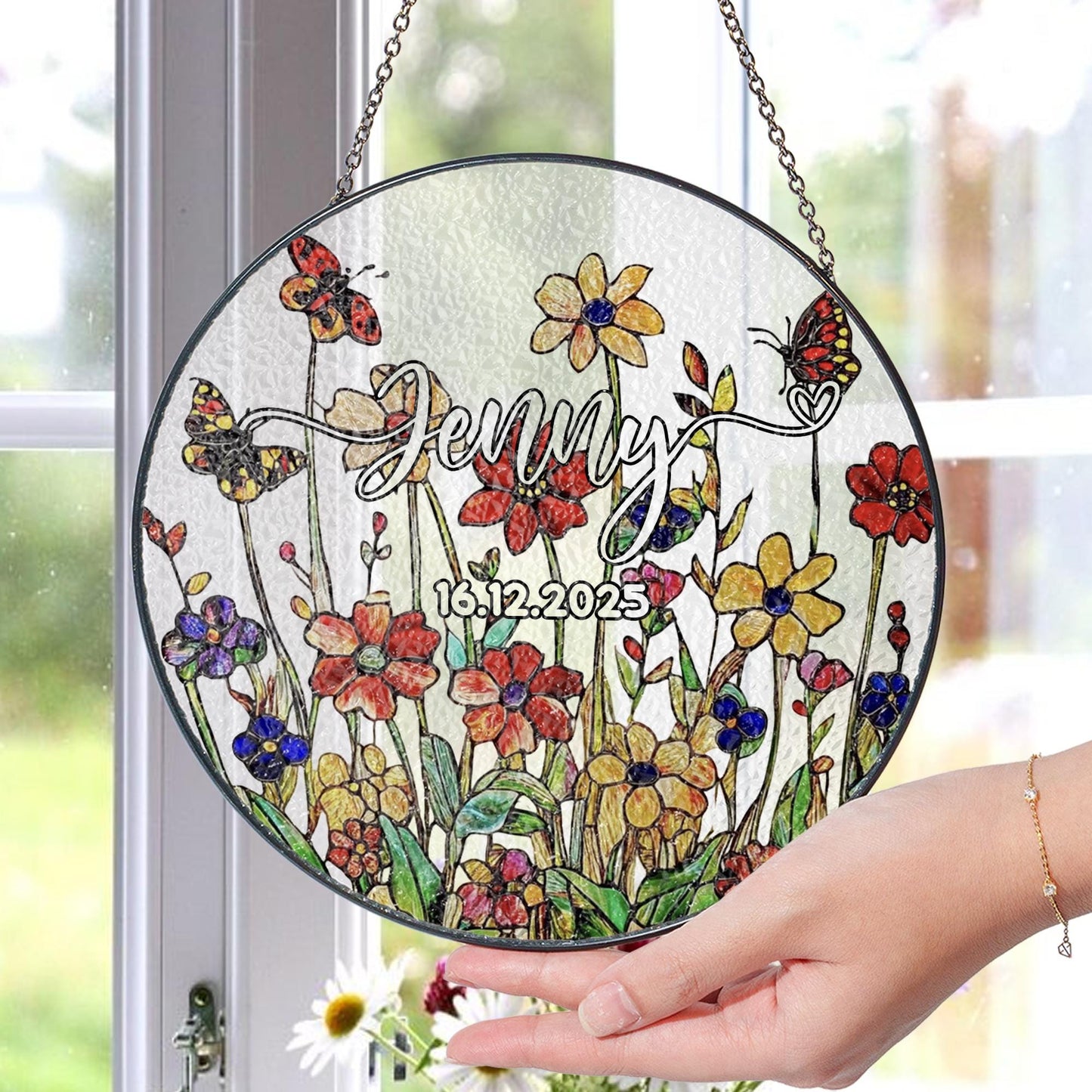 Custom Glass Suncatcher Personalized Name Date Memorial Floral Window Hanging Ornament Gift Butterfly Wildflower Keepsake Home Decor - product image 2