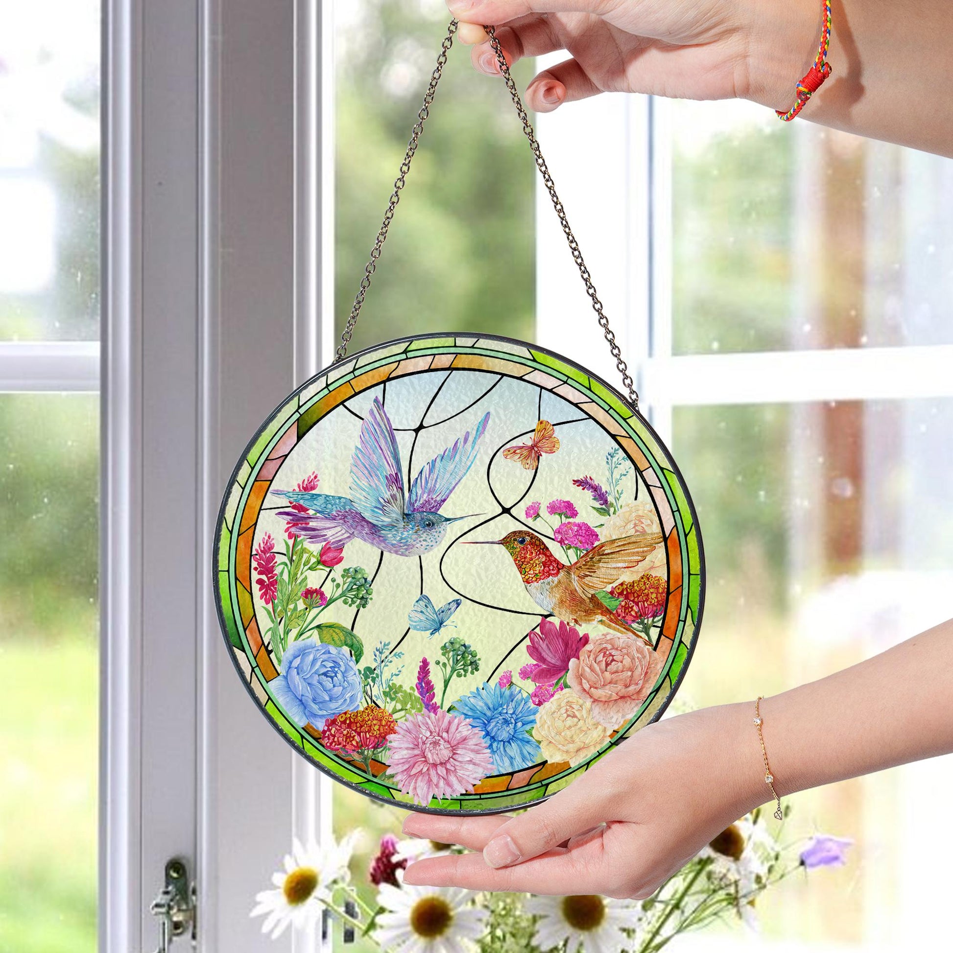 Hummingbird Glass Suncatcher Floral Window Hanging Ornament Sun Catcher Garden Decor Stained Glass Style Round Hanging Glass Panel - product image 6