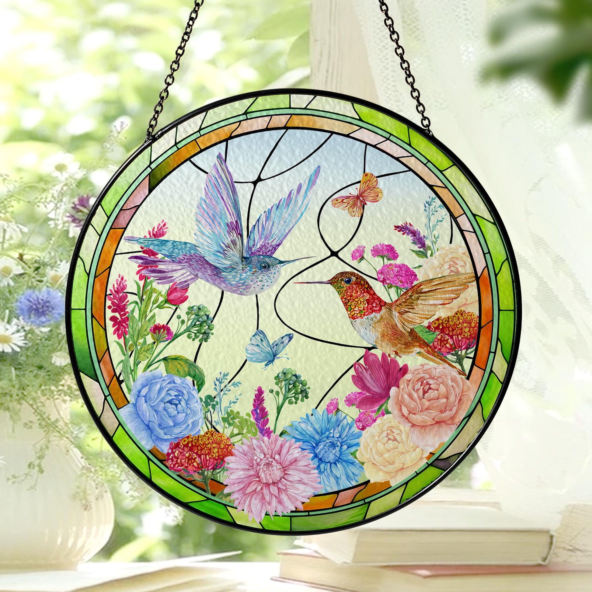Hummingbird Glass Suncatcher Floral Window Hanging Ornament Sun Catcher Garden Decor Stained Glass Style Round Hanging Glass Panel - product image 2