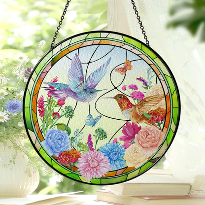 Hummingbird Glass Suncatcher Floral Window Hanging Ornament Sun Catcher Garden Decor Stained Glass Style Round Hanging Glass Panel - product image 2