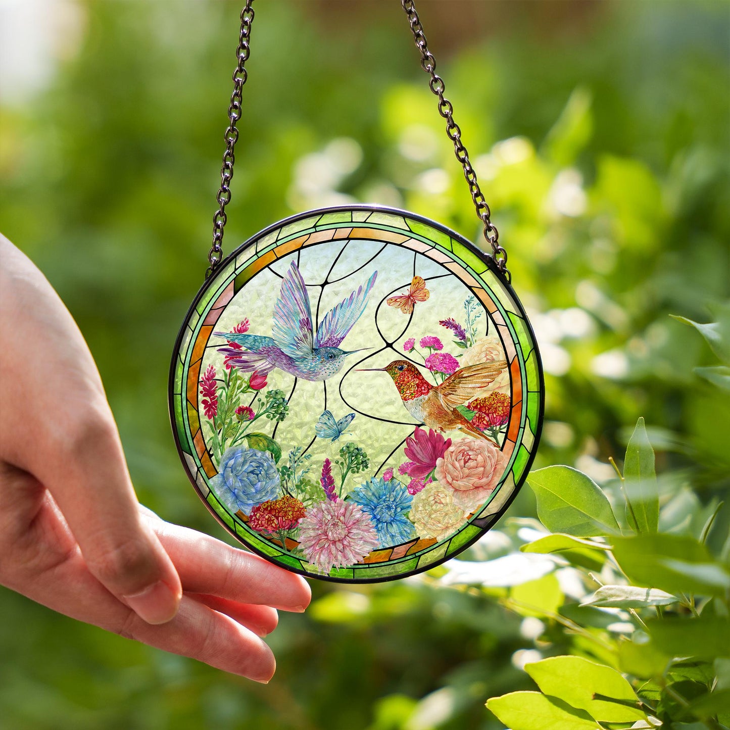 Hummingbird Glass Suncatcher Floral Window Hanging Ornament Sun Catcher Garden Decor Stained Glass Style Round Hanging Glass Panel - product image 5