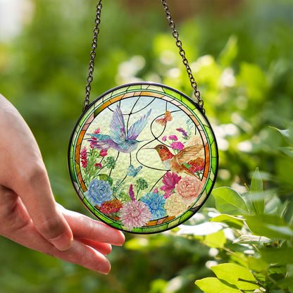 Hummingbird Glass Suncatcher Floral Window Hanging Ornament Sun Catcher Garden Decor Stained Glass Style Round Hanging Glass Panel - product image 5