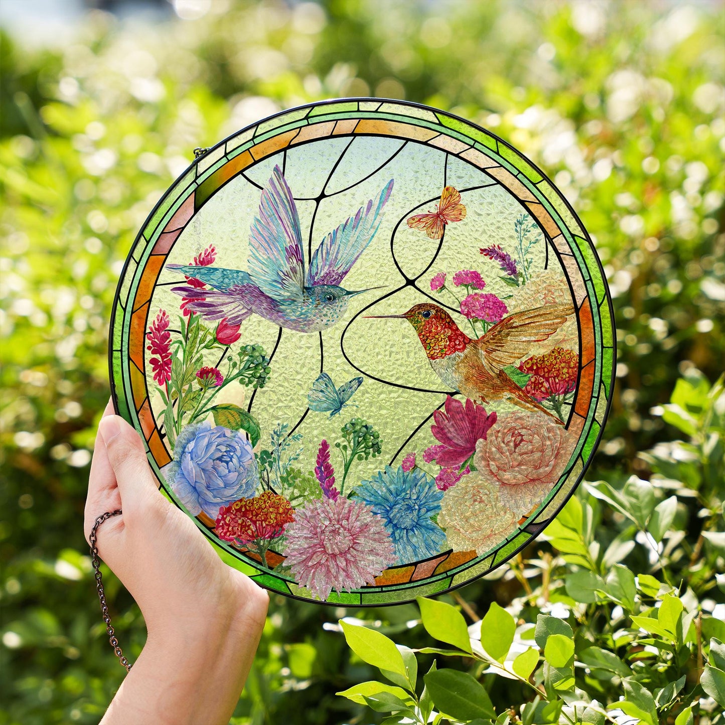 Hummingbird Glass Suncatcher Floral Window Hanging Ornament Sun Catcher Garden Decor Stained Glass Style Round Hanging Glass Panel - product image 3