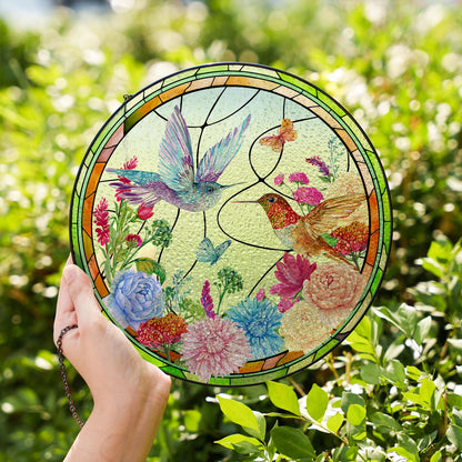 Hummingbird Glass Suncatcher Floral Window Hanging Ornament Sun Catcher Garden Decor Stained Glass Style Round Hanging Glass Panel - product image 3