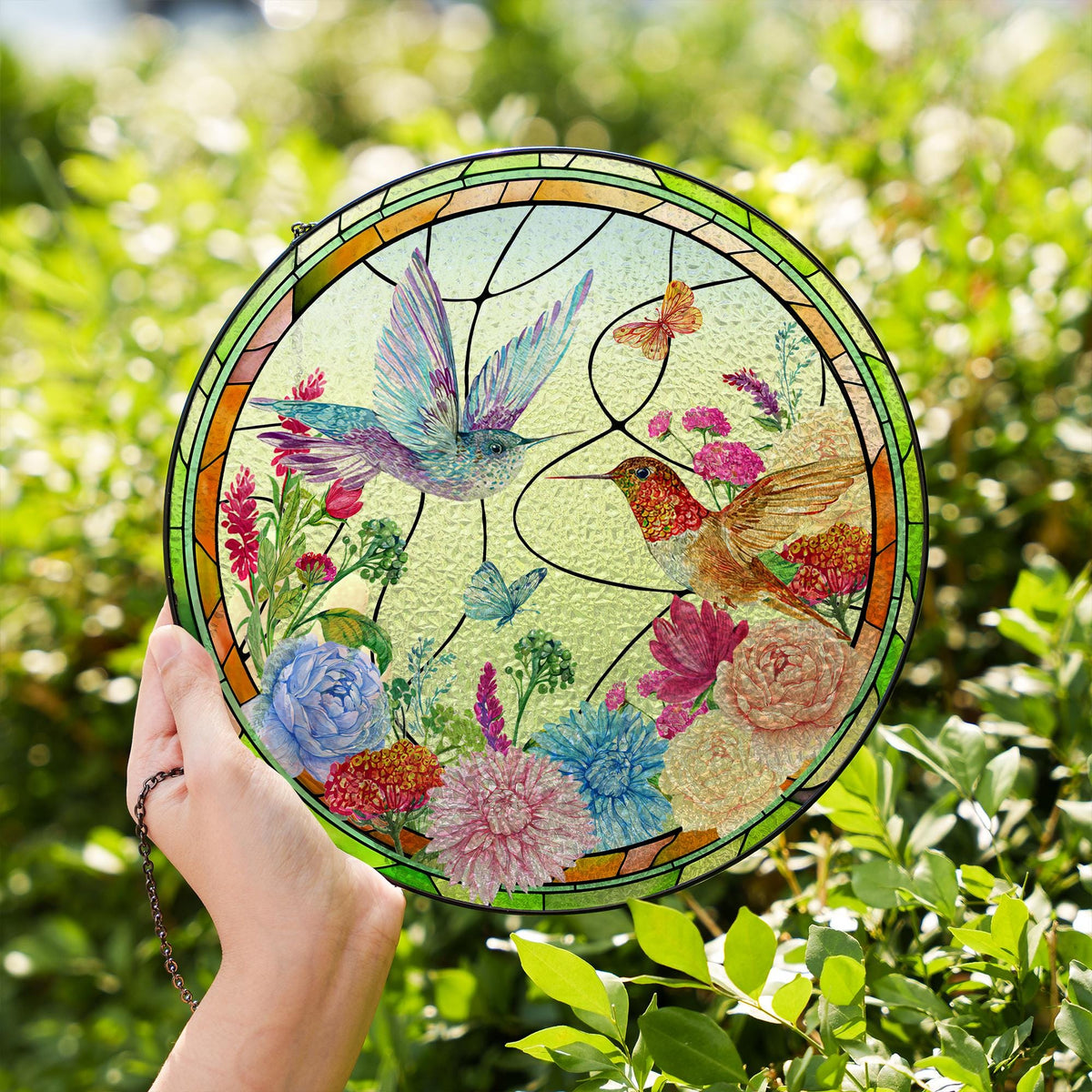 Hummingbird Glass Suncatcher Floral Window Hanging Ornament Sun Catcher Garden Decor Stained Glass Style Round Hanging Glass Panel - product image 3