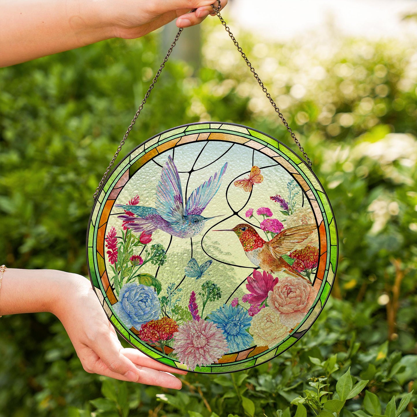 Hummingbird Glass Suncatcher Floral Window Hanging Ornament Sun Catcher Garden Decor Stained Glass Style Round Hanging Glass Panel - product image 4