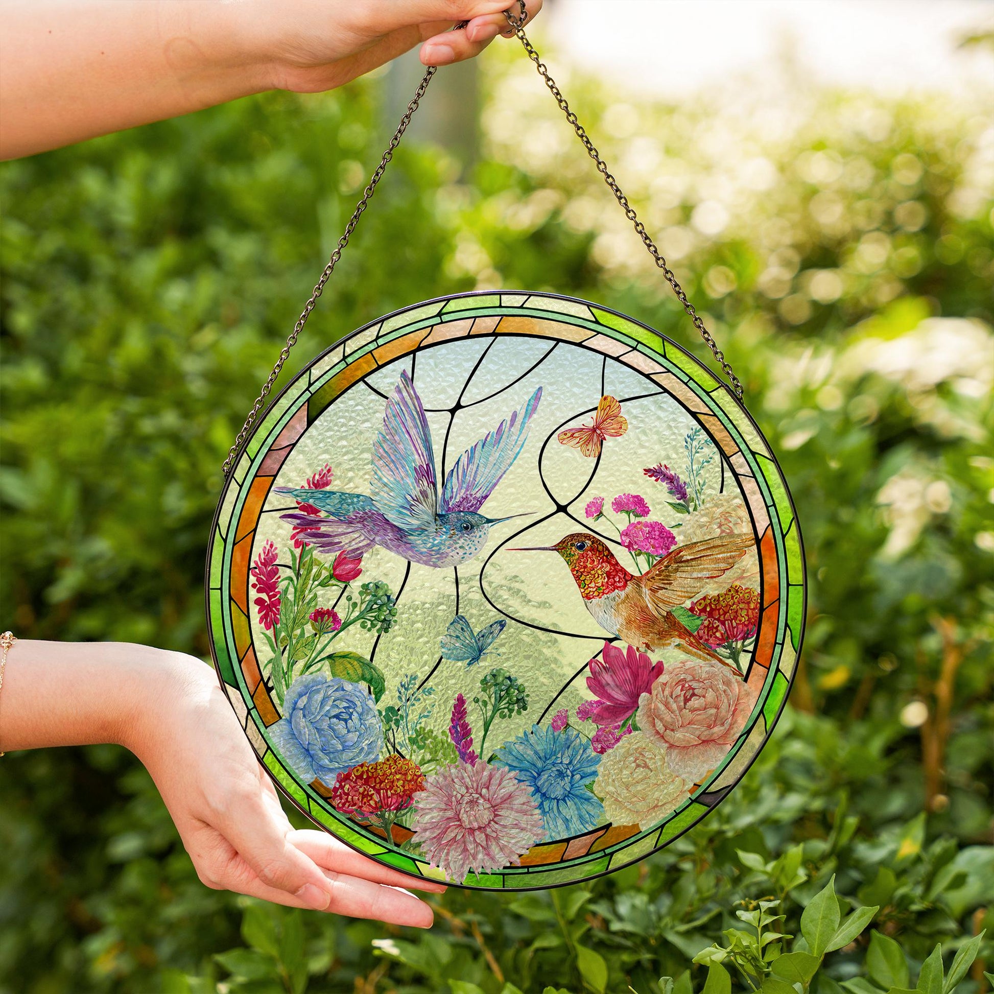Hummingbird Glass Suncatcher Floral Window Hanging Ornament Sun Catcher Garden Decor Stained Glass Style Round Hanging Glass Panel - product image 4