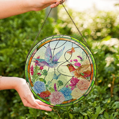 Hummingbird Glass Suncatcher Floral Window Hanging Ornament Sun Catcher Garden Decor Stained Glass Style Round Hanging Glass Panel - product image 4