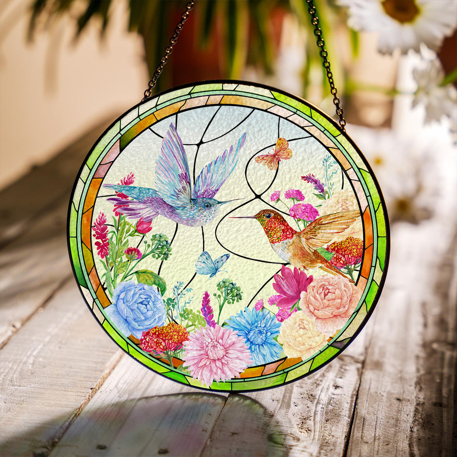 Hummingbird Glass Suncatcher Floral Window Hanging Ornament Sun Catcher Garden Decor Stained Glass Style Round Hanging Glass Panel - main product image