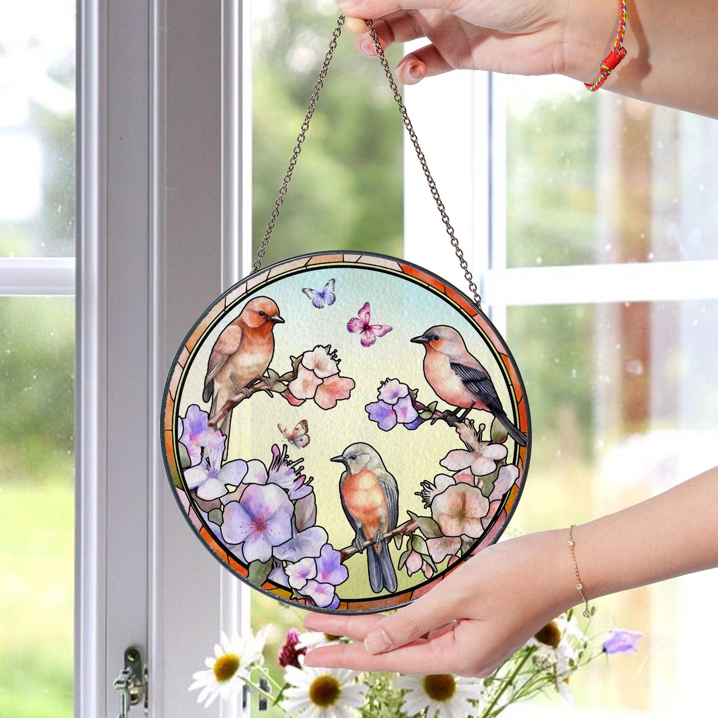 Bird Floral Glass Suncatcher Window Sun Catcher Hanging Stained Glass Style Ornament Nature Garden Decor Home Art Gift - product image 3