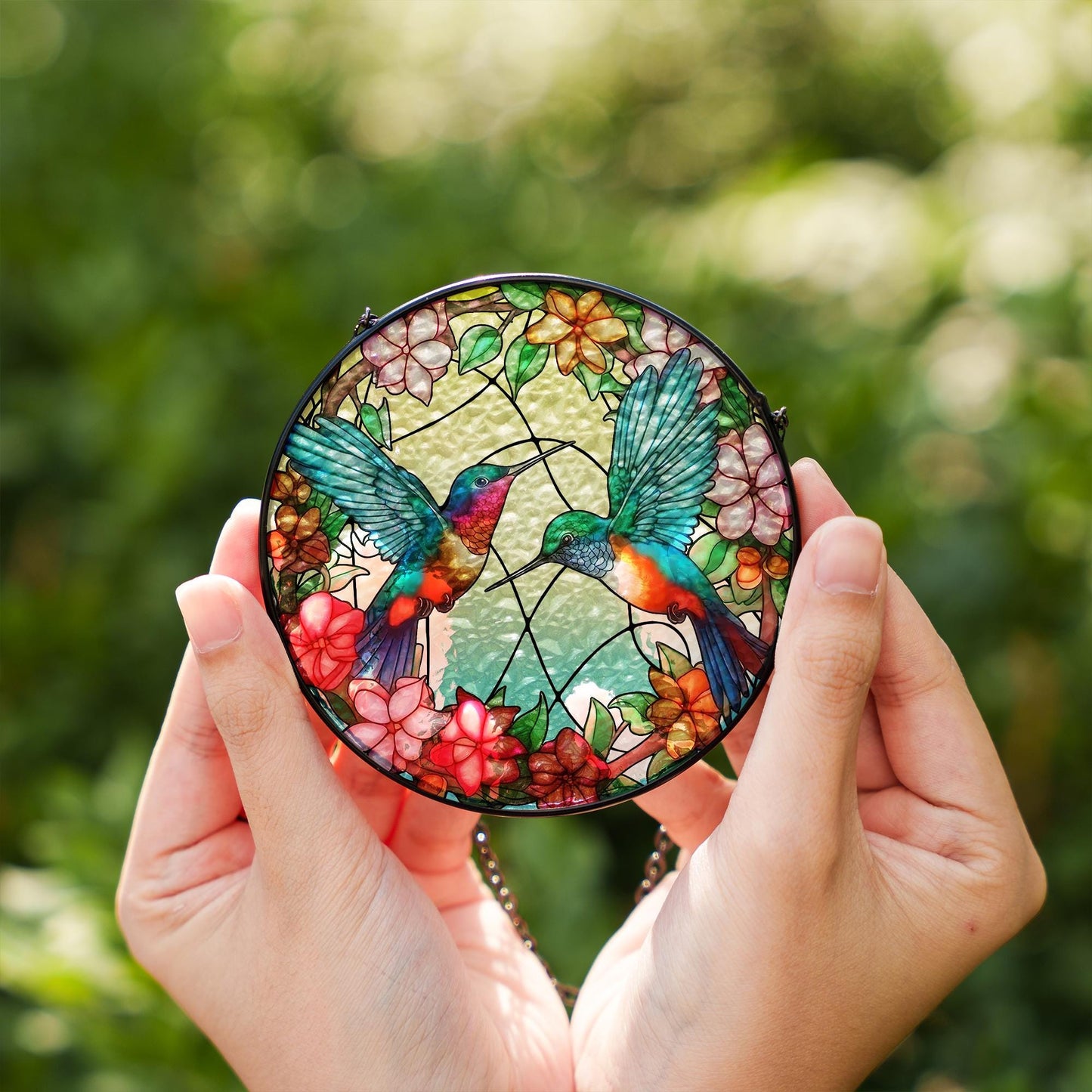 Hummingbird Stained Glass Suncatcher Floral Window Hanging | Colorful Bird Sun Catcher Gift for Mom, Nature Lover, Memorial Decor - product image 2
