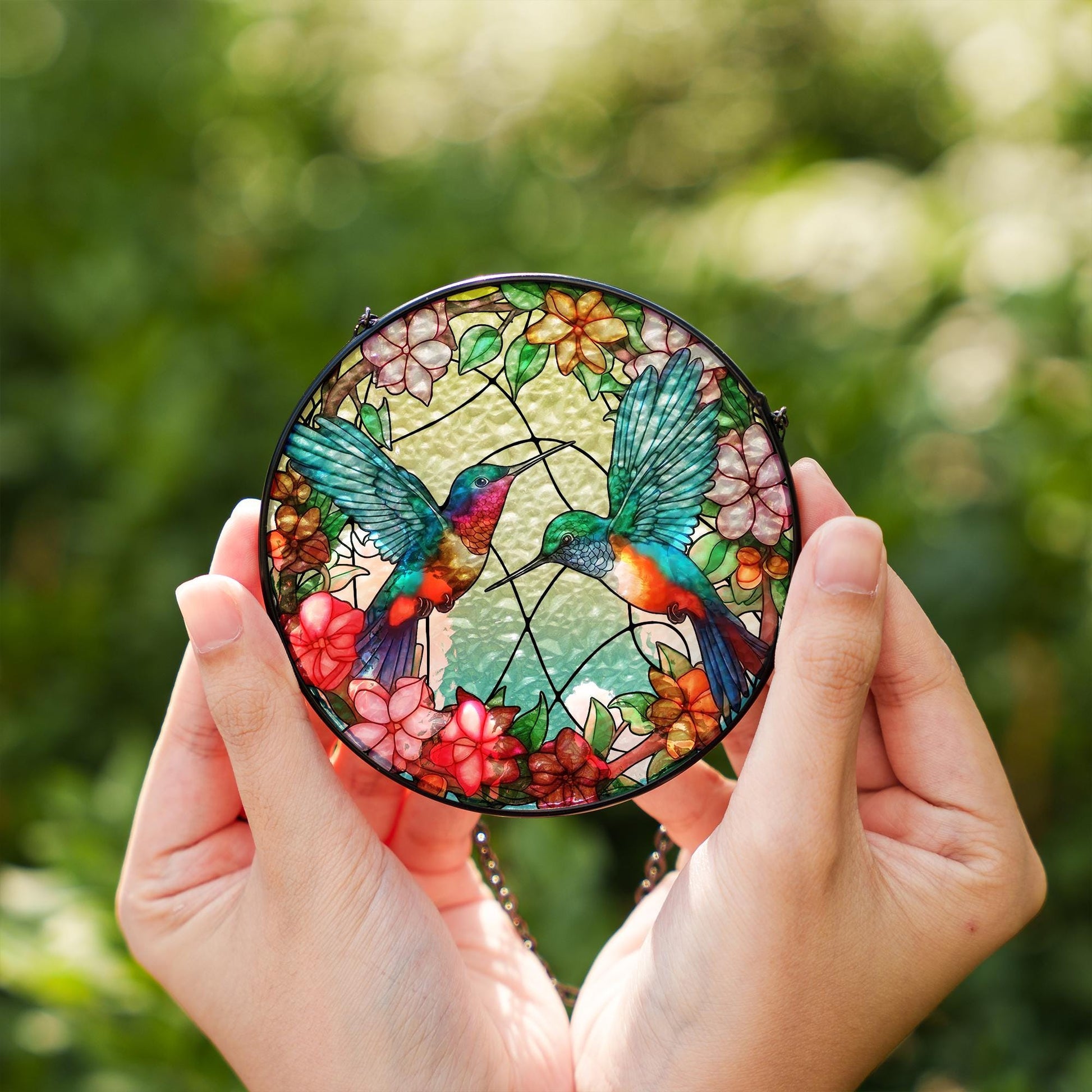 Hummingbird Stained Glass Suncatcher Floral Window Hanging | Colorful Bird Sun Catcher Gift for Mom, Nature Lover, Memorial Decor - product image 2