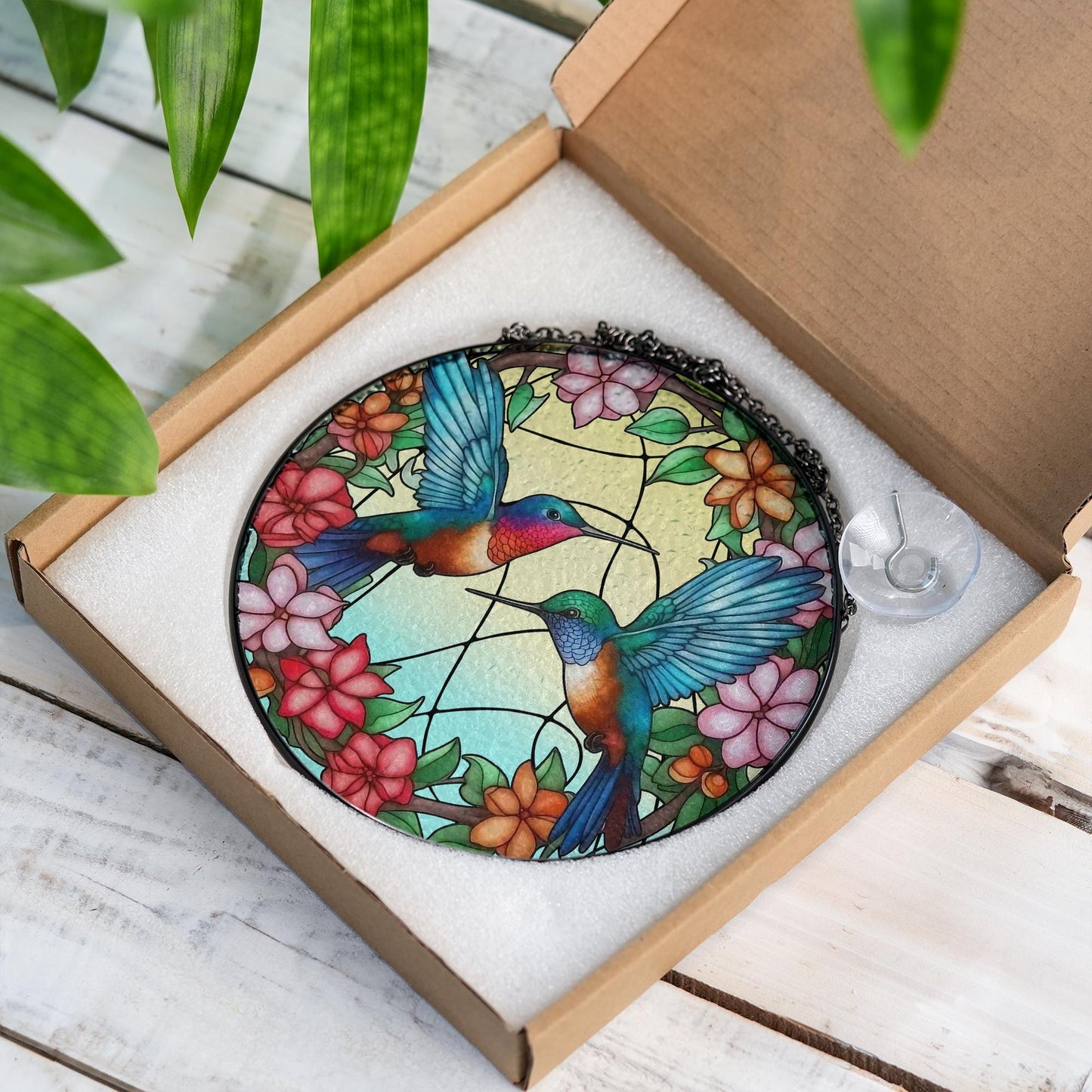 Hummingbird Stained Glass Suncatcher Floral Window Hanging | Colorful Bird Sun Catcher Gift for Mom, Nature Lover, Memorial Decor - product image 6
