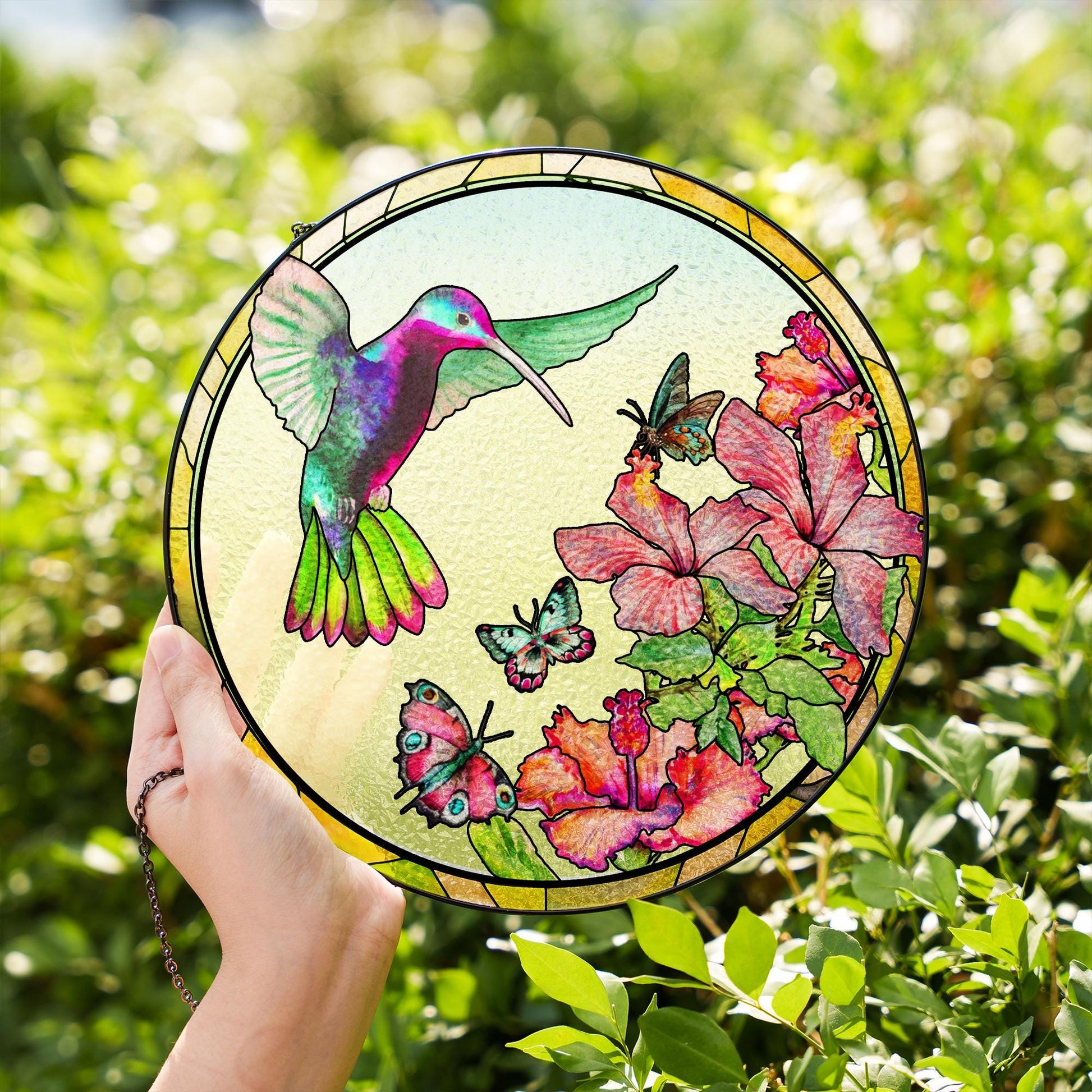 Hummingbird Stained Glass Window Hanging Decor, Floral Sun Catcher Ornament, Spring Garden Gift, Colorful Butterfly Suncatcher - product image 6