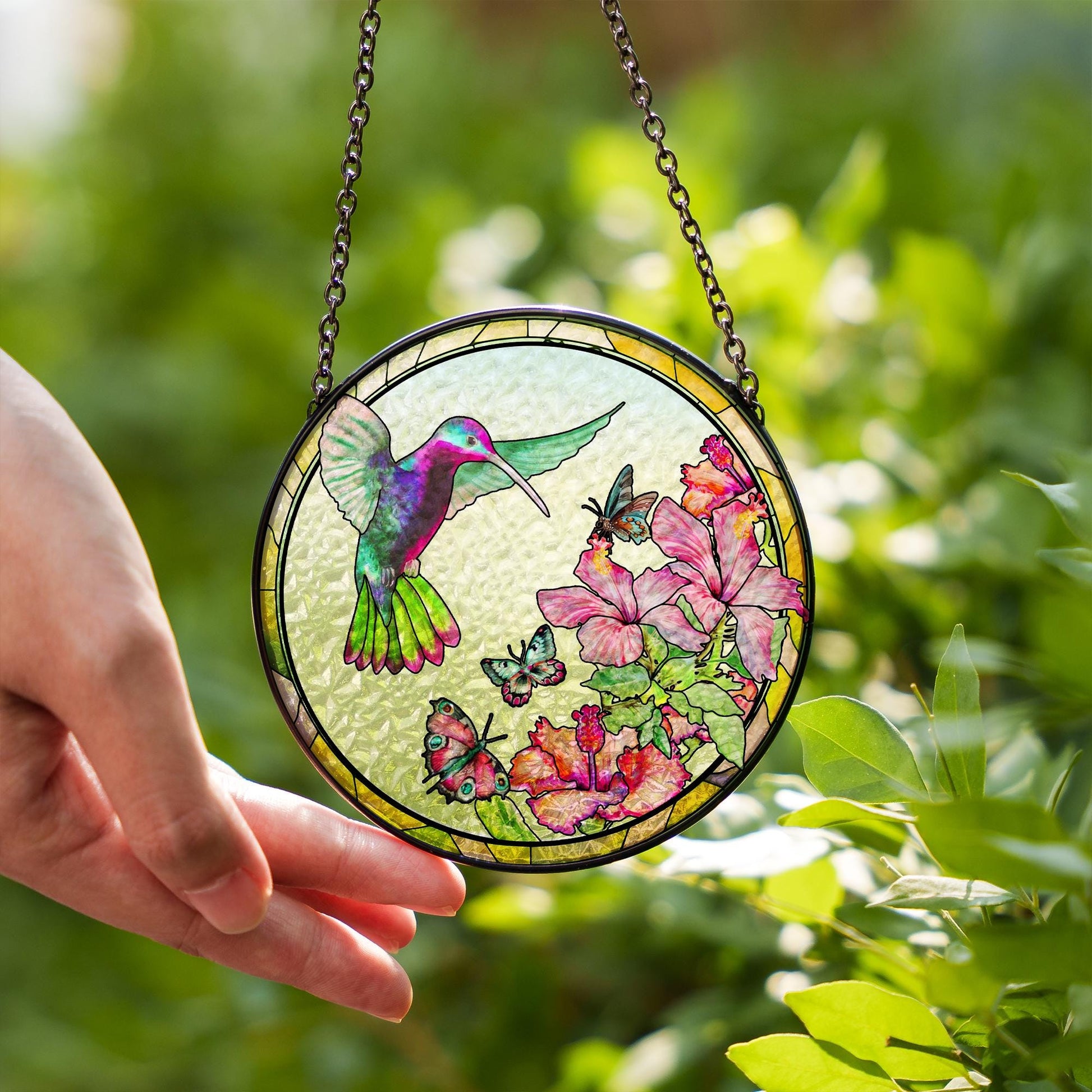 Hummingbird Stained Glass Window Hanging Decor, Floral Sun Catcher Ornament, Spring Garden Gift, Colorful Butterfly Suncatcher - product image 8