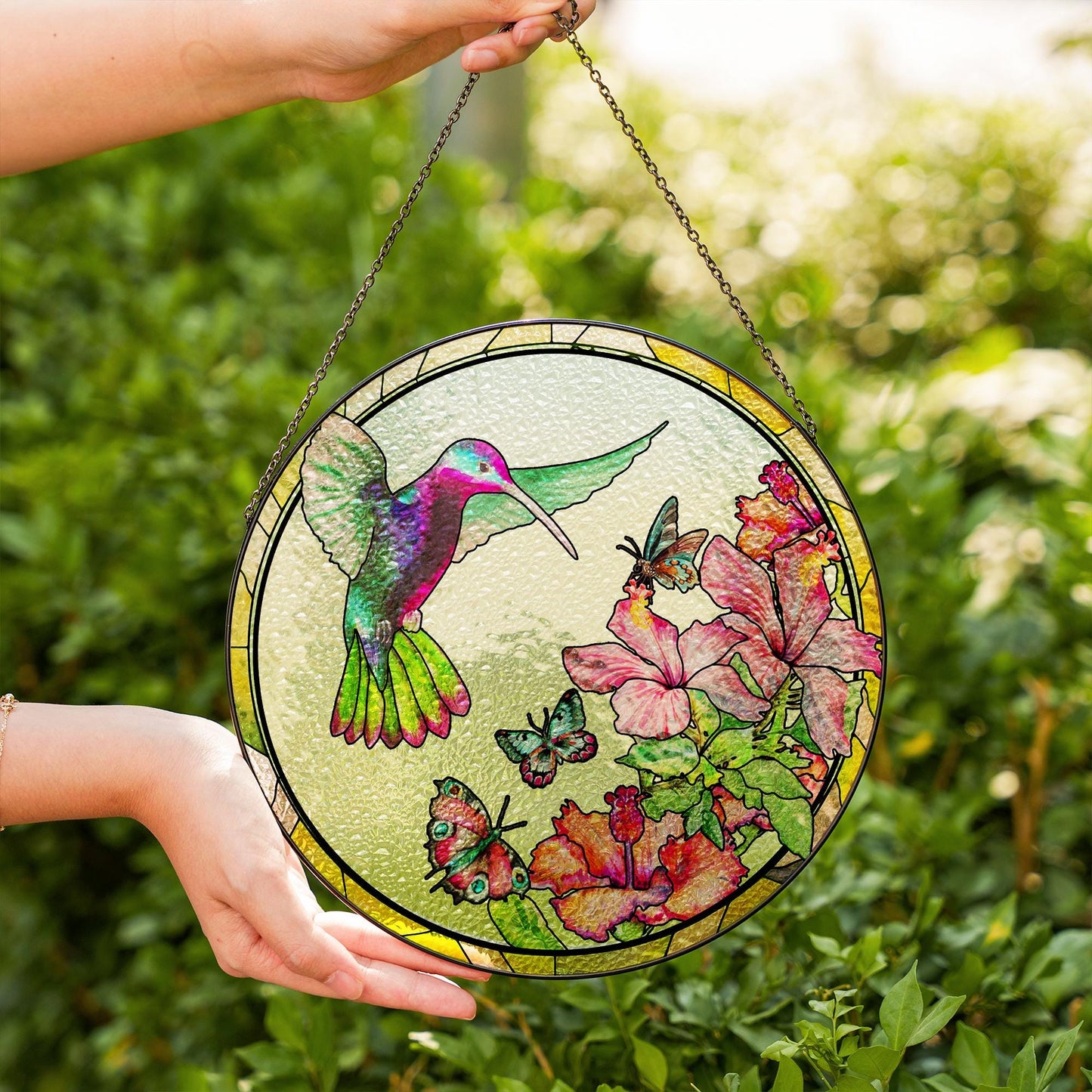 Hummingbird Stained Glass Window Hanging Decor, Floral Sun Catcher Ornament, Spring Garden Gift, Colorful Butterfly Suncatcher - product image 7