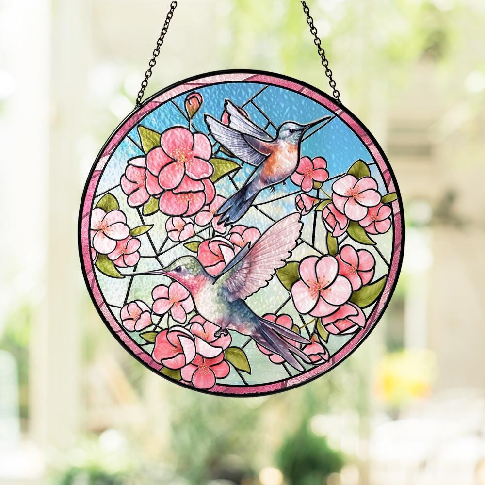 Hummingbird Floral Stained Glass Suncatcher, Window Hanging Decor, Garden Bird Art, Spring Nature Gift, Butterfly Flower Panel - product image 4