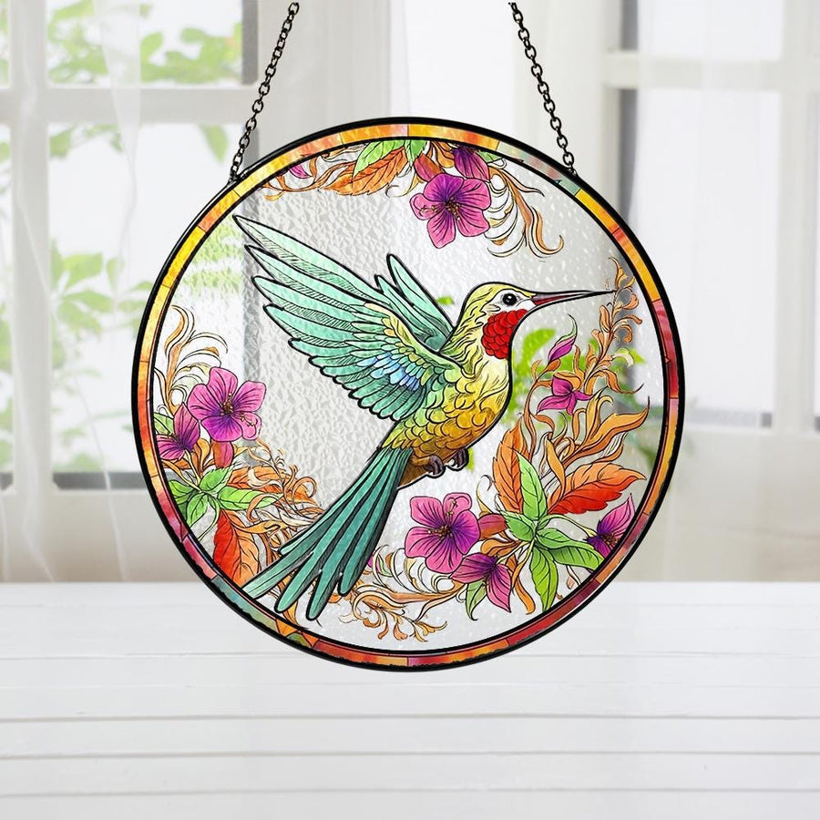 Hummingbird Stained Glass Suncatcher, Floral Window Hanging Art, Colorful Bird Ornament, Garden Lover Gift, Nature Decor, Sun Catcher - main product image