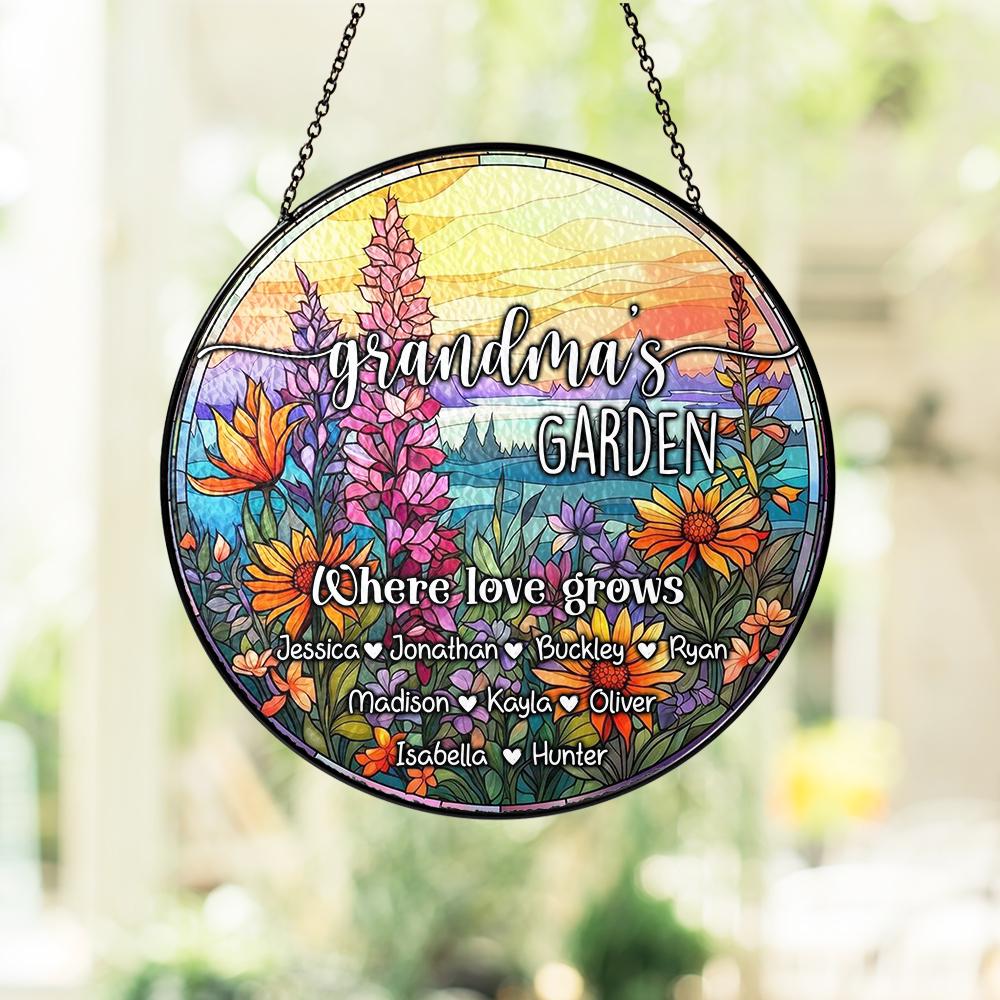 Grandma’s Garden Custom Stained Glass Suncatcher, Personalized Grandkids Name Gift, Floral Window Hanging Decor, Mother’s Day Present - main product image