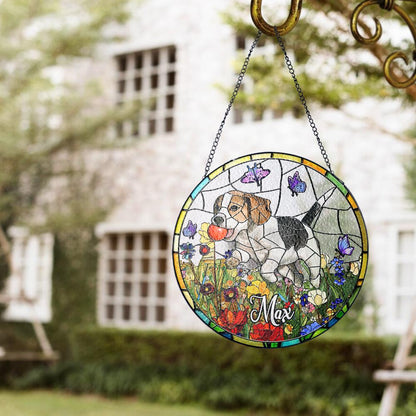 Custom Dog Photo Stained Glass Suncatcher, Pet Memorial Window Hanging, Personalized Dog Lover Gift, Floral Hound Art, Spring Home Decor - product image 5