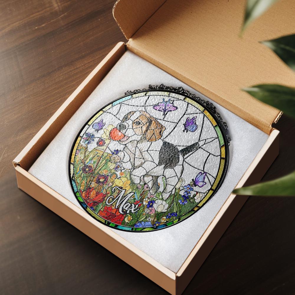 Custom Dog Photo Stained Glass Suncatcher, Pet Memorial Window Hanging, Personalized Dog Lover Gift, Floral Hound Art, Spring Home Decor - product image 3