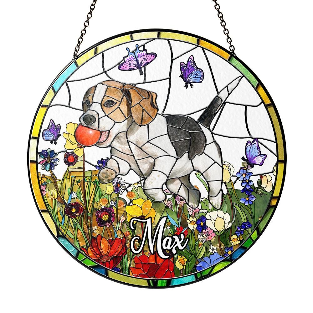 Custom Dog Photo Stained Glass Suncatcher, Pet Memorial Window Hanging, Personalized Dog Lover Gift, Floral Hound Art, Spring Home Decor - product image 6