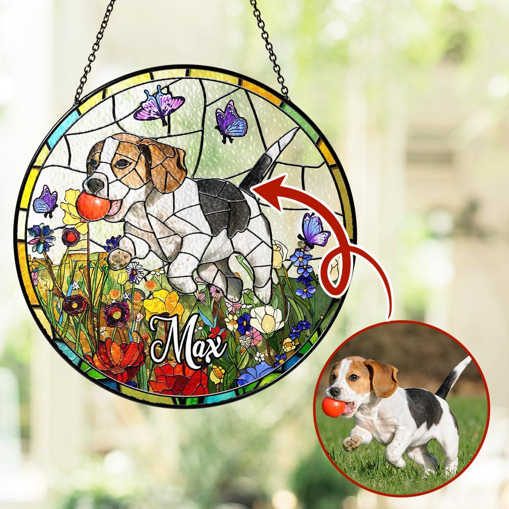 Custom Dog Photo Stained Glass Suncatcher, Pet Memorial Window Hanging, Personalized Dog Lover Gift, Floral Hound Art, Spring Home Decor - main product image