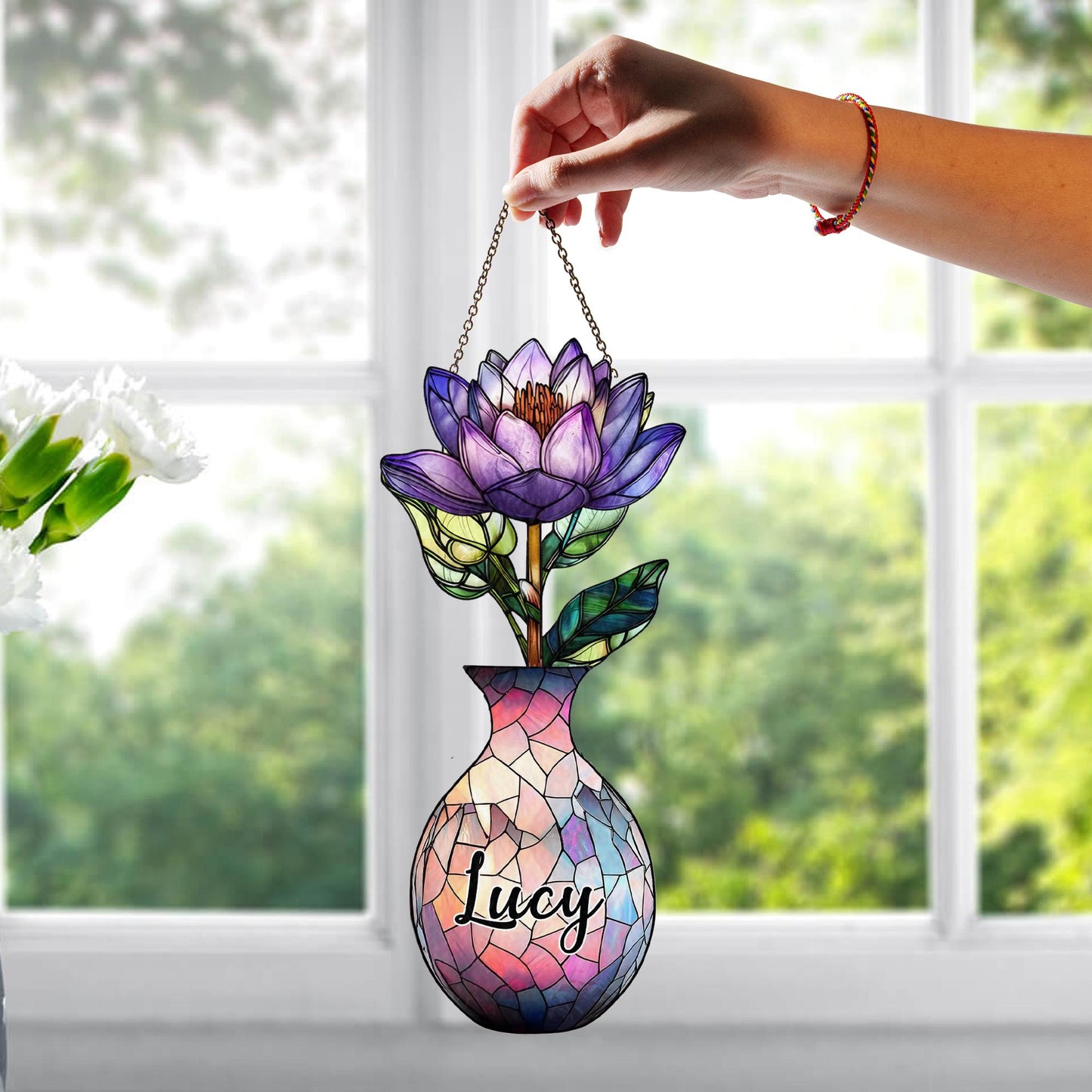 Custom Name Floral Mosaic Vase Suncatcher, Personalized Birth Flower Window Decor, Faux Stained Glass Gift for Aunt or Teacher - product image 3