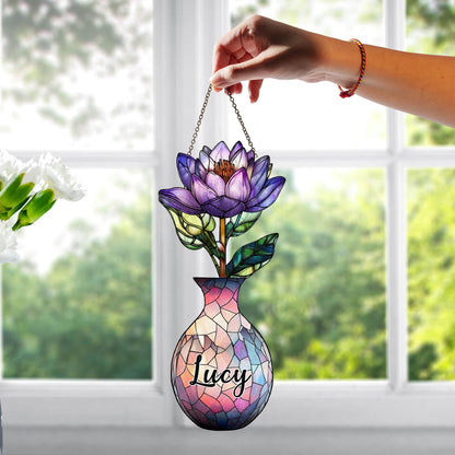Custom Name Floral Mosaic Vase Suncatcher, Personalized Birth Flower Window Decor, Faux Stained Glass Gift for Aunt or Teacher - product image 3