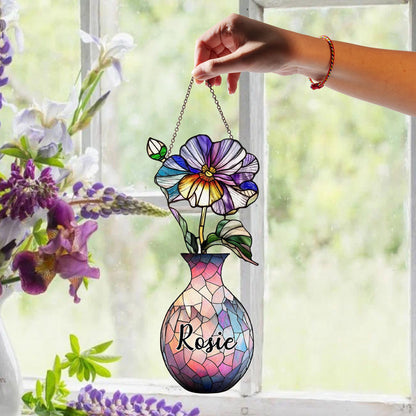 Custom Name Floral Mosaic Vase Suncatcher, Personalized Birth Flower Window Decor, Faux Stained Glass Gift for Aunt or Teacher - product image 2