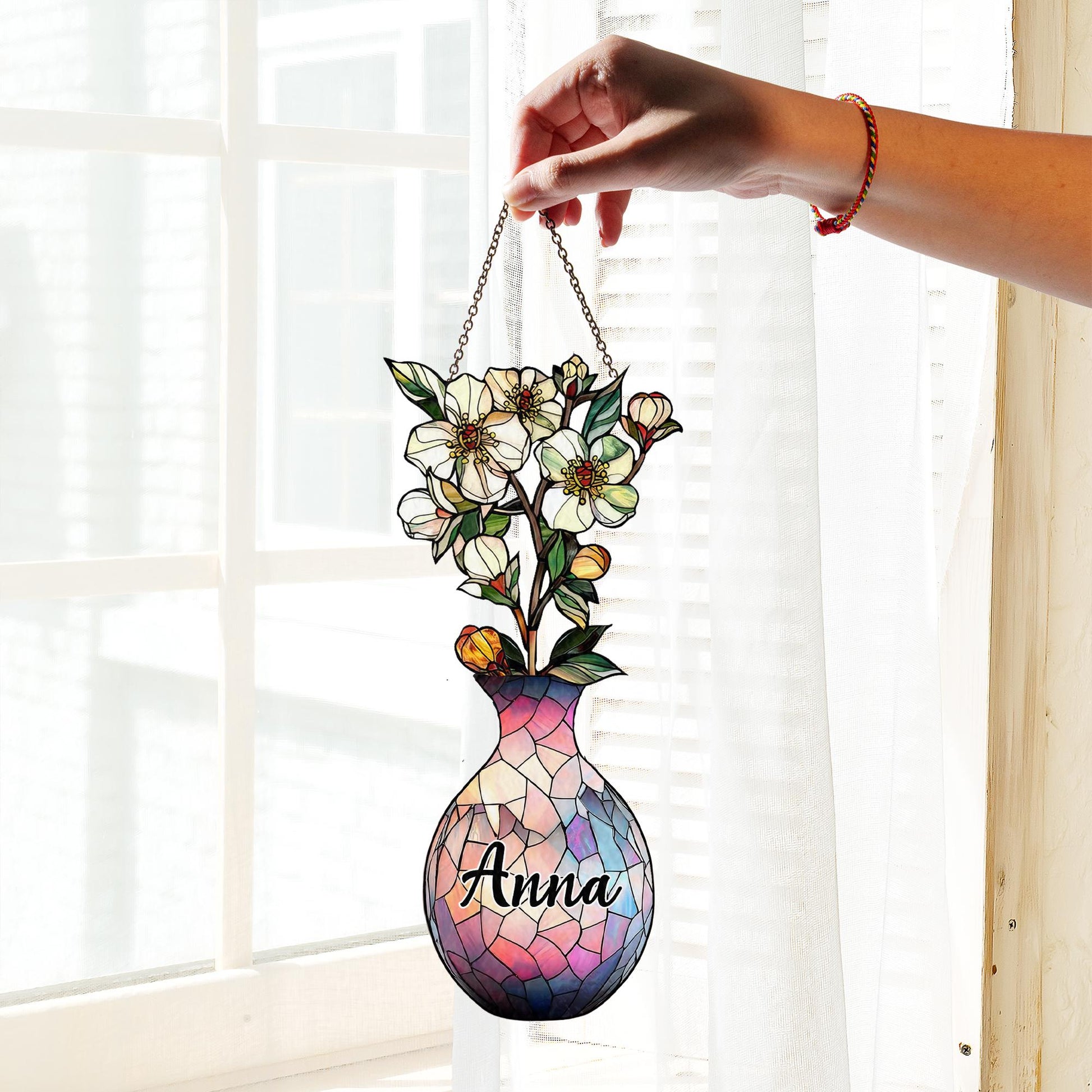 Custom Name Floral Mosaic Vase Suncatcher, Personalized Birth Flower Window Decor, Faux Stained Glass Gift for Aunt or Teacher - main product image
