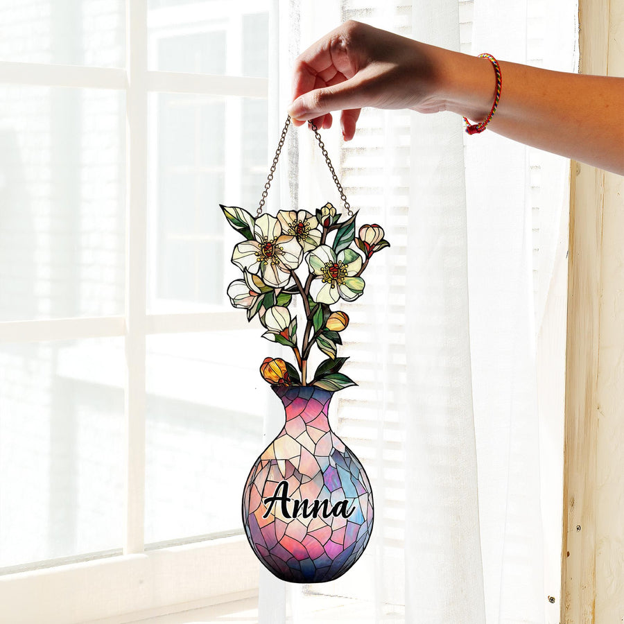 Custom Name Floral Mosaic Vase Suncatcher, Personalized Birth Flower Window Decor, Faux Stained Glass Gift for Aunt or Teacher - main product image