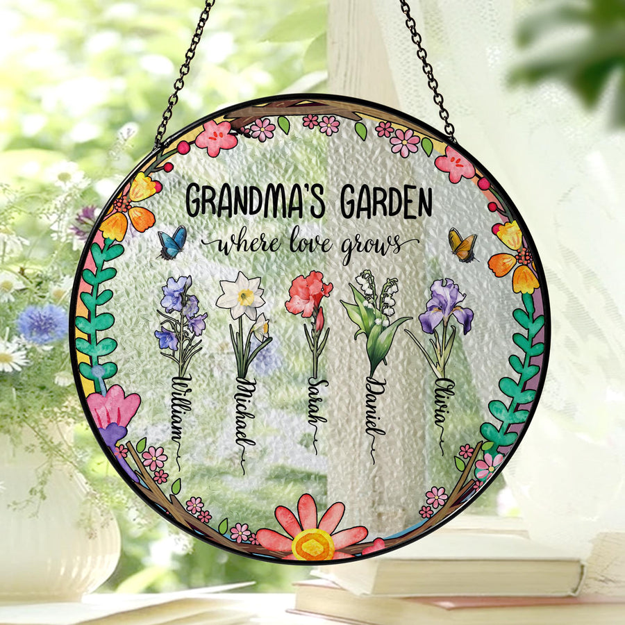 Grandma’s Garden Stained Glass Sun Catcher Where Love Grows Gift for Grandma Personalized Grandkids Names Floral Decor - main product image