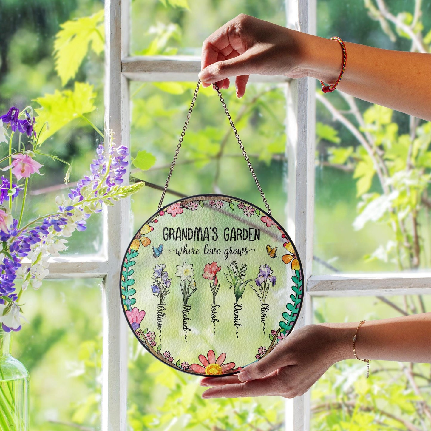 Grandma’s Garden Stained Glass Sun Catcher Where Love Grows Gift for Grandma Personalized Grandkids Names Floral Decor - product image 4