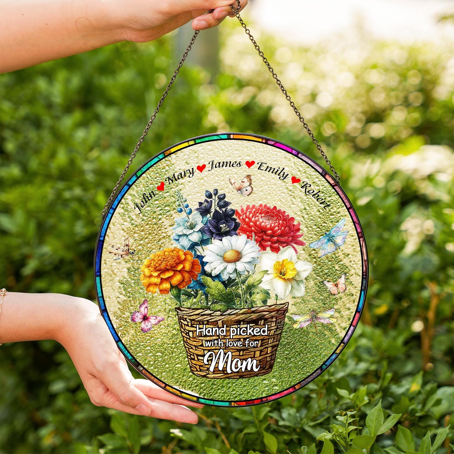 Personalized Mom Flower Basket Suncatcher, Custom Name Stained Glass Ornament, Mother's Day Gift, Handpicked With Love, Floral Window Decor - product image 5