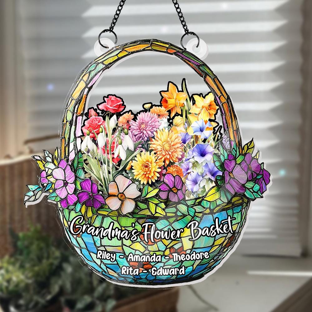 Grandma's Flower Basket Suncatcher, Custom Family Birth Month Flower Decor, Personalized Gift for Mom, Faux Glass Floral Art - main product image