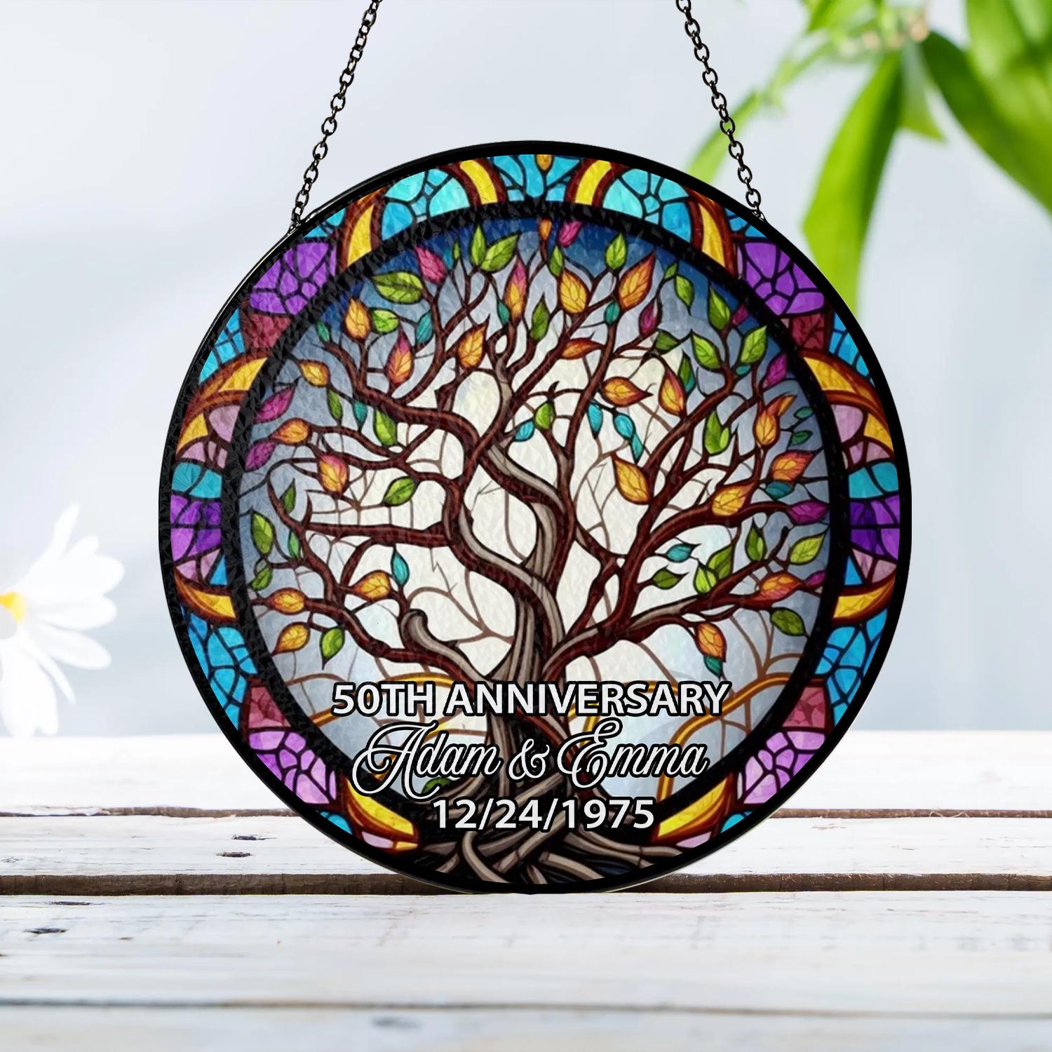 Custom Anniversary Suncatcher Glass with Tree of Life Design, Personalized Names and Date, Unique 50th Wedding Gift, Stained Glass Window - product image 6