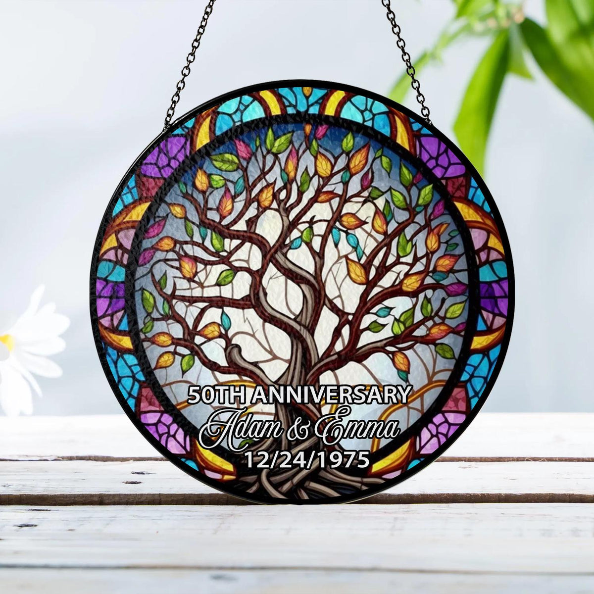 Custom Anniversary Suncatcher Glass with Tree of Life Design, Personalized Names and Date, Unique 50th Wedding Gift, Stained Glass Window - product image 6