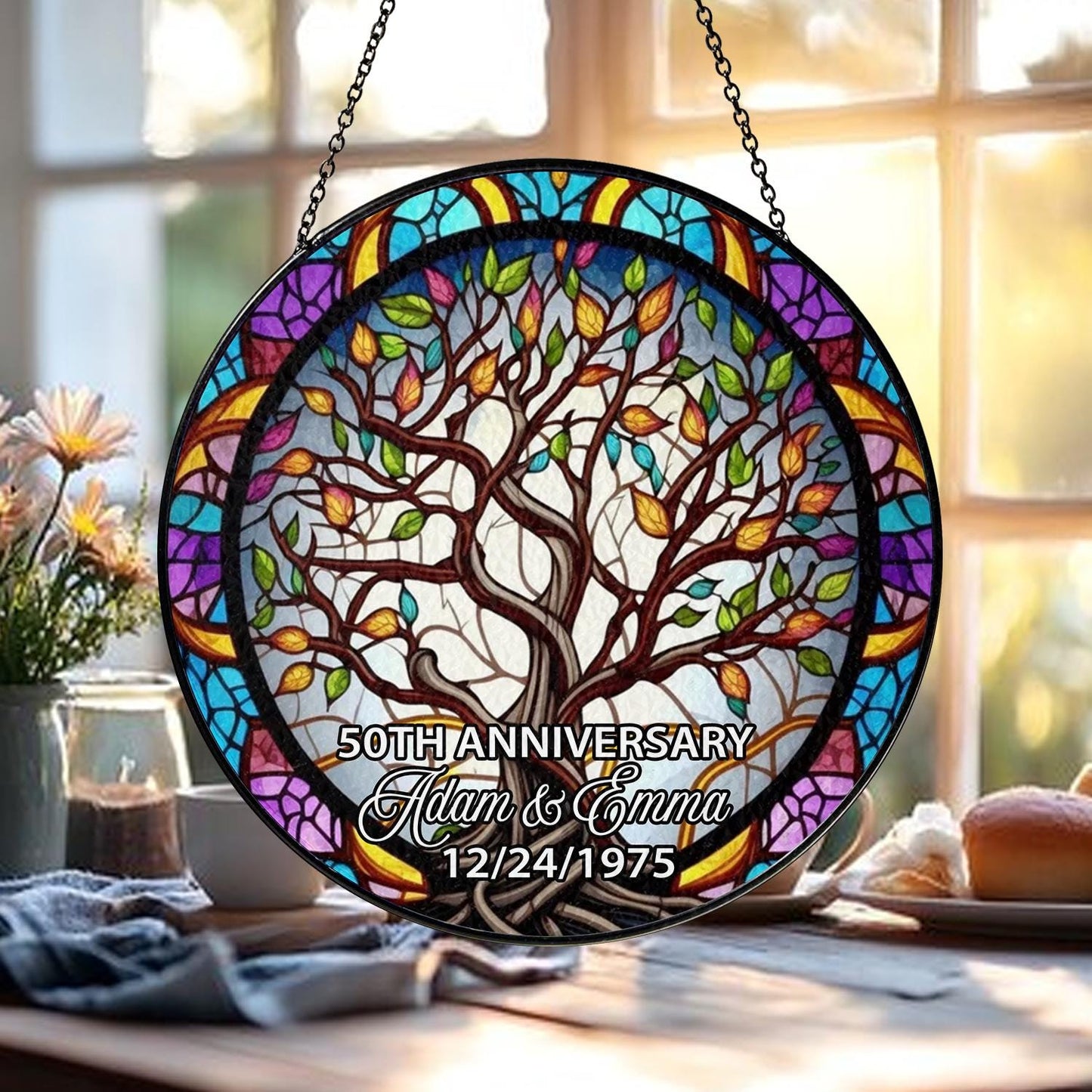 Custom Anniversary Suncatcher Glass with Tree of Life Design, Personalized Names and Date, Unique 50th Wedding Gift, Stained Glass Window - product image 2