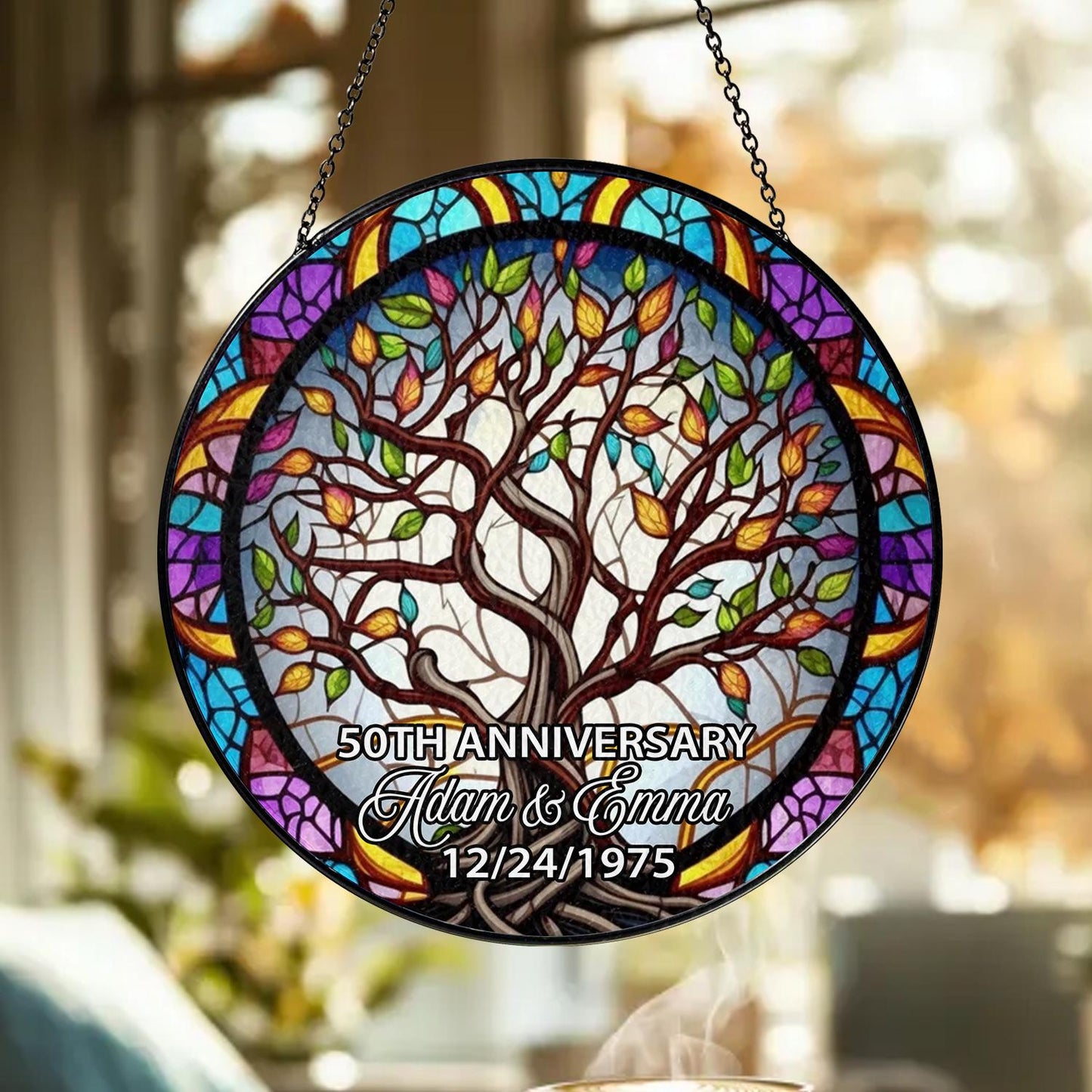 Custom Anniversary Suncatcher Glass with Tree of Life Design, Personalized Names and Date, Unique 50th Wedding Gift, Stained Glass Window - product image 7