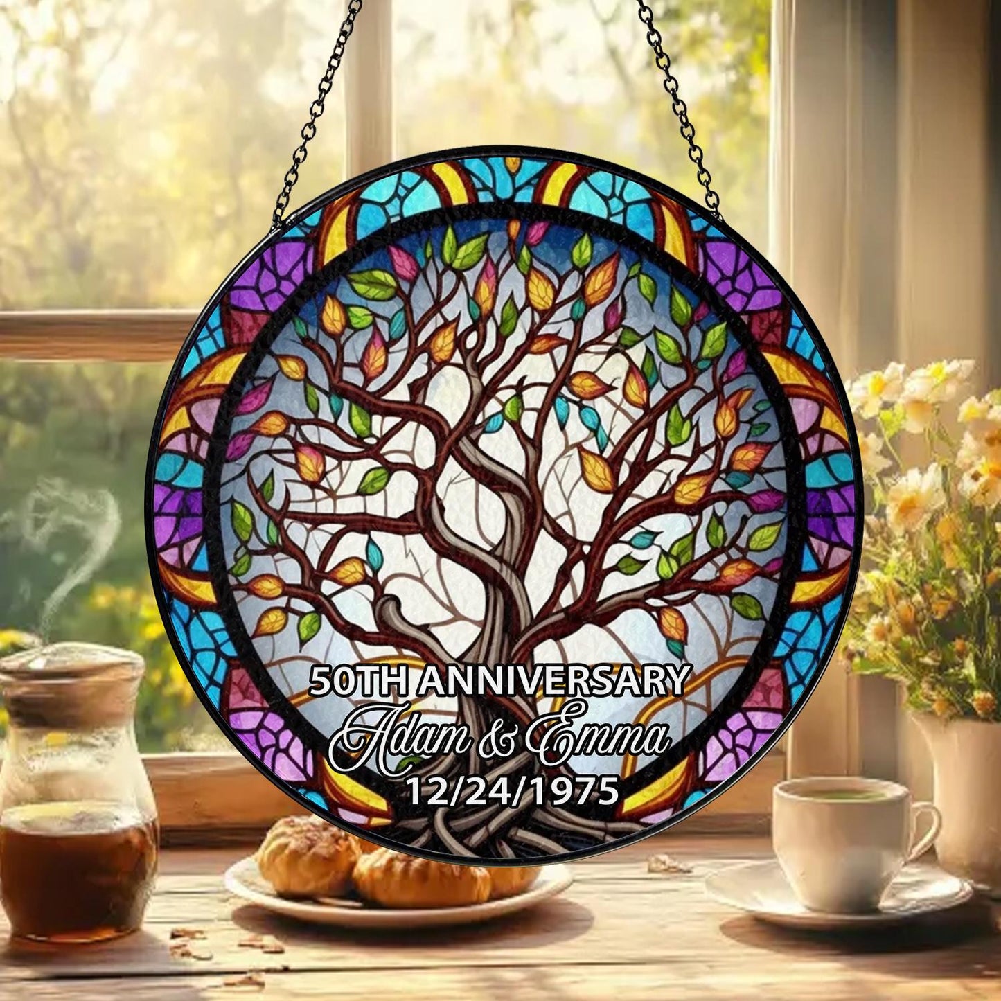 Custom Anniversary Suncatcher Glass with Tree of Life Design, Personalized Names and Date, Unique 50th Wedding Gift, Stained Glass Window - main product image