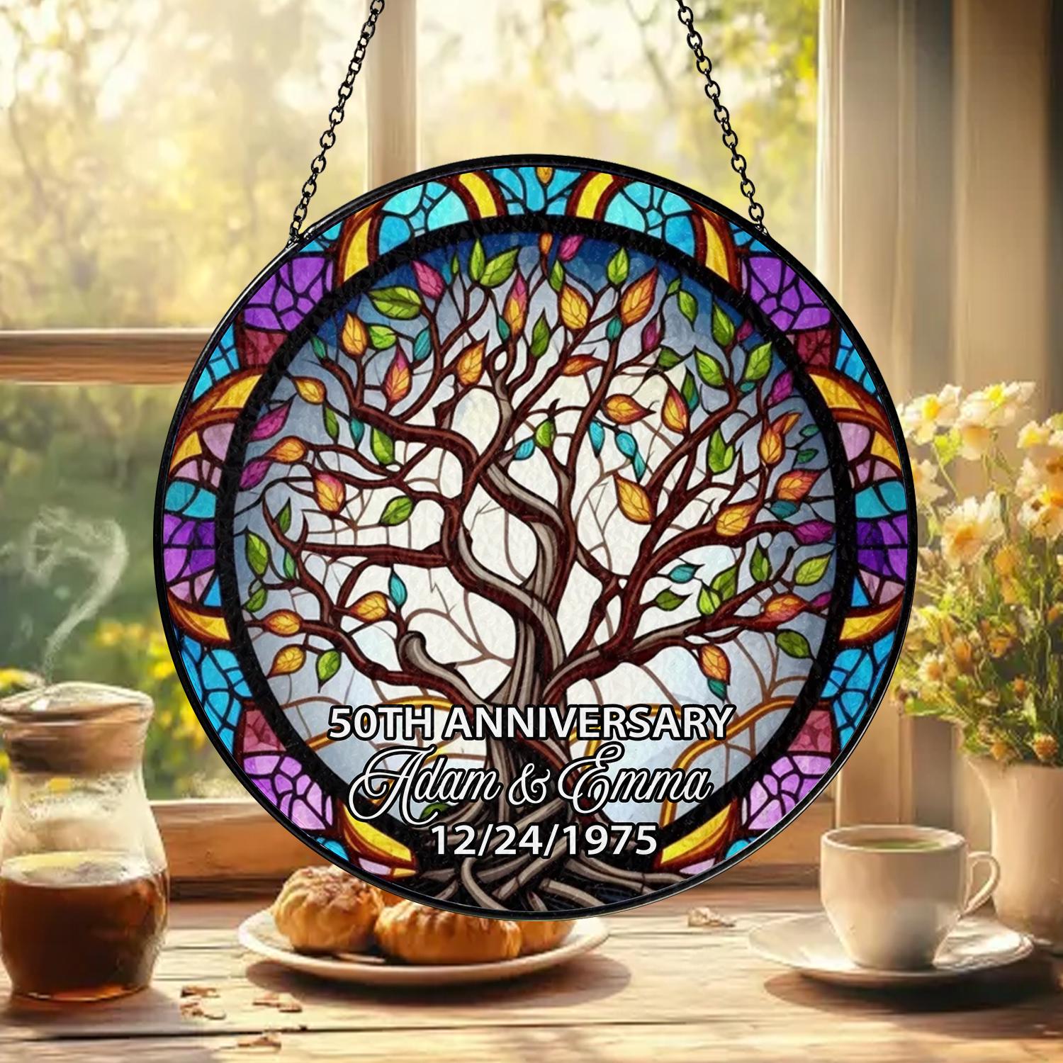 Custom Anniversary Suncatcher Glass with Tree of Life Design, Personalized Names and Date, Unique 50th Wedding Gift, Stained Glass Window - main product image
