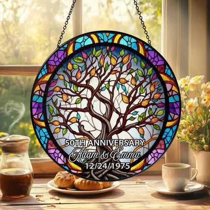 Custom Anniversary Suncatcher Glass with Tree of Life Design, Personalized Names and Date, Unique 50th Wedding Gift, Stained Glass Window - main product image
