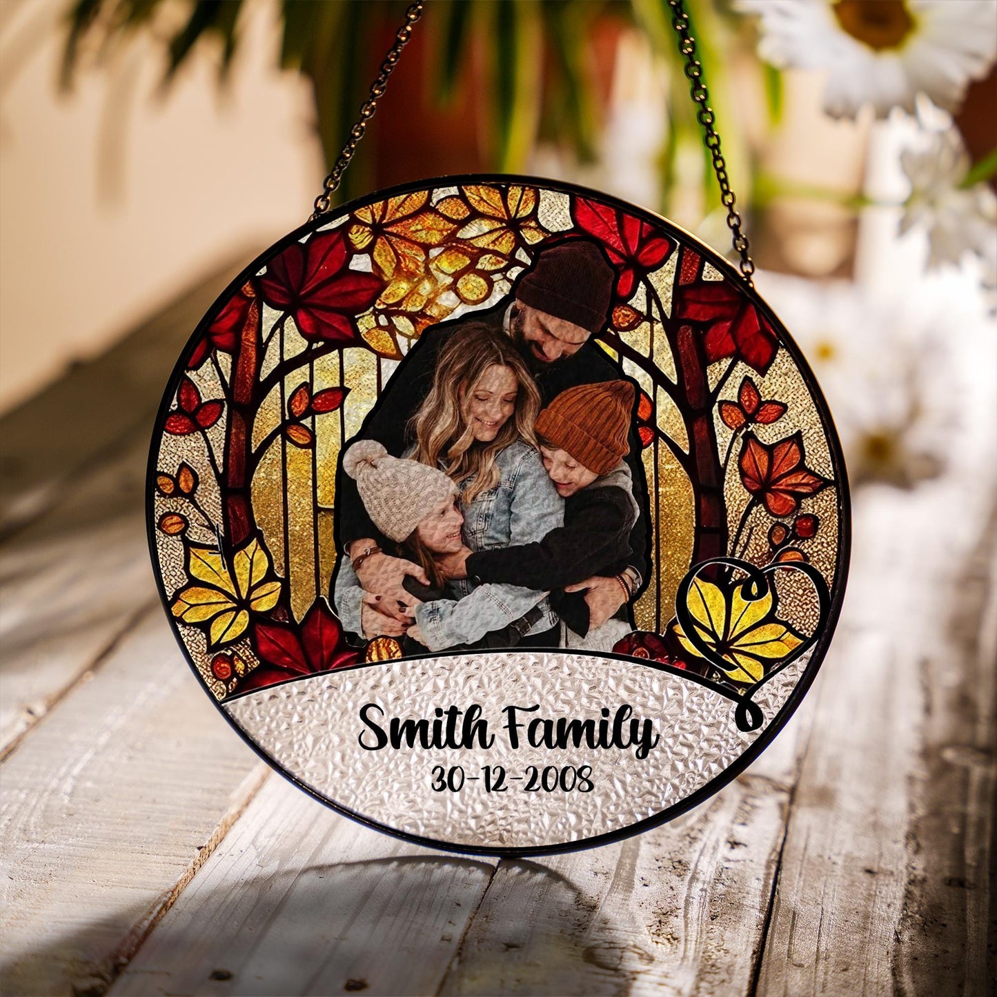 Personalized Family Photo Stained Glass Sun Catcher Custom Name Date Keepsake Portrait Ornament Window Hanging Gift for Home Decor - product image 6