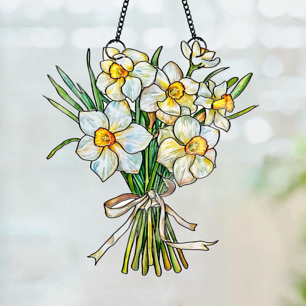 Custom Birth Month Flower Bouquet Suncatcher, Faux Stained Glass Tied Floral Decor, Mother's Day Keepsake, Personalized Spring Art - product image 2