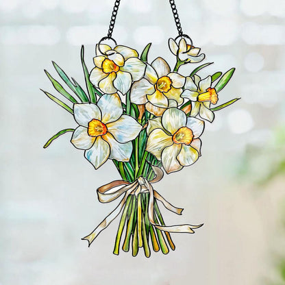 Custom Birth Month Flower Bouquet Suncatcher, Faux Stained Glass Tied Floral Decor, Mother's Day Keepsake, Personalized Spring Art - product image 2