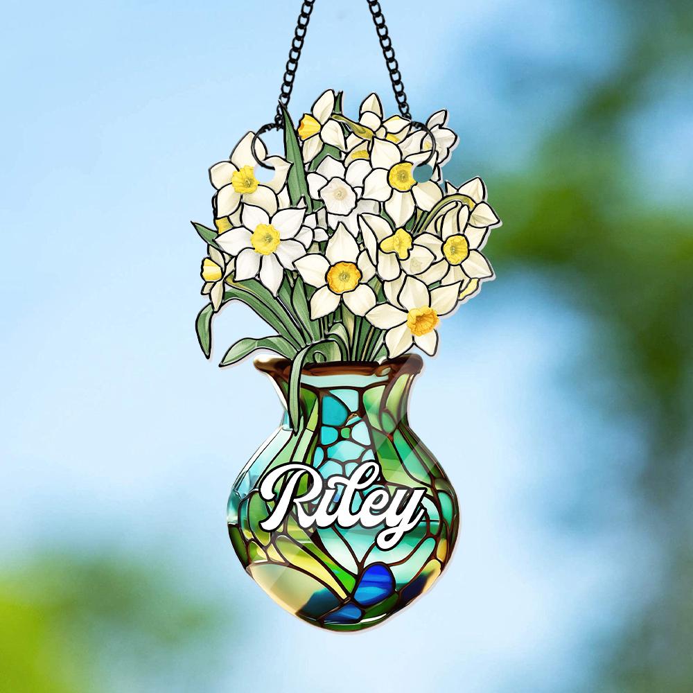 Custom Birth Month Flower Vase Suncatcher, Personalized Name Floral Window Decor, Faux Stained Glass Daffodil, Birthday Gift for Her - product image 8