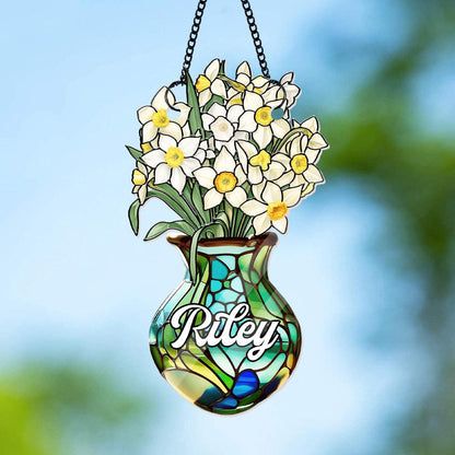 Custom Birth Month Flower Vase Suncatcher, Personalized Name Floral Window Decor, Faux Stained Glass Daffodil, Birthday Gift for Her - product image 8